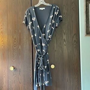 Loft dark gray wrap around dress with peach colored cherries. Size 14.